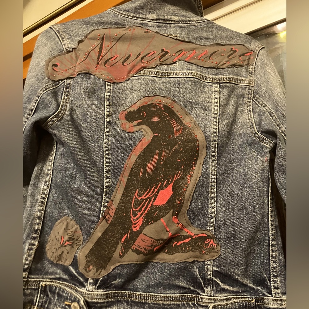 Women’s jean jacket w/ crow “Nevermore” on back, lined with maroon velvet